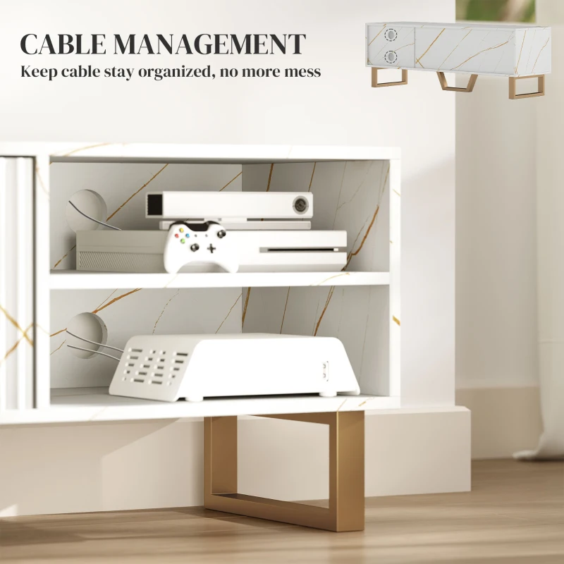 HOMCOM Marble Effect TV Unit, Modern TV Stand Cabinet for up to 70" TVs, with Shelves and Storage Cupboard, Fluted Door, Extra Centre Leg, Cable Management for Living Room, White