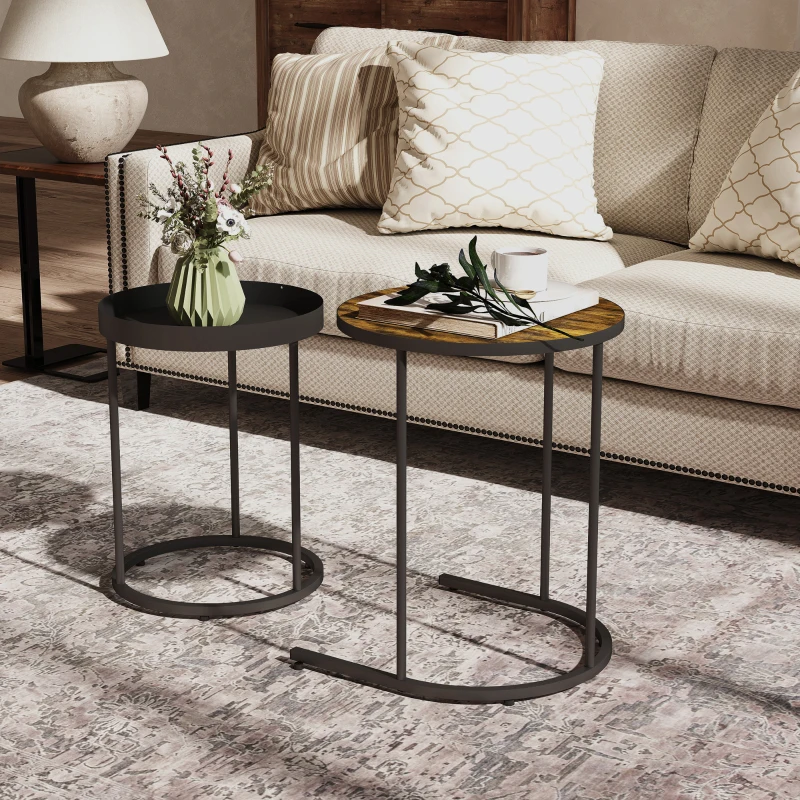 HOMCOM Set of Two Industrial Nesting Tables - Brown/Black