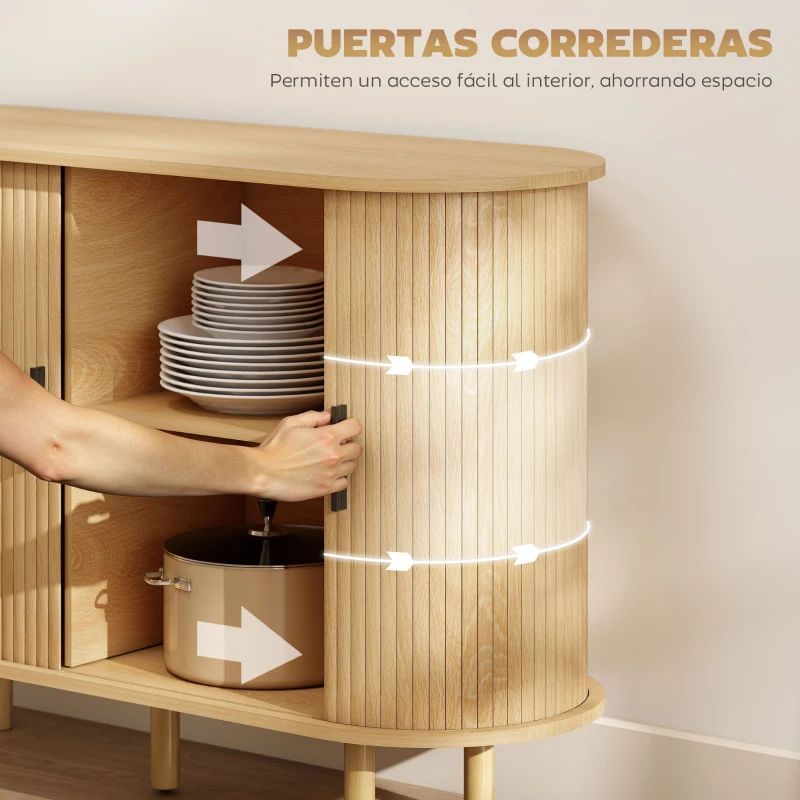 HOMCOM Aparador con Puertas Tambour Deslizantes 4 Compartimentos y Patas de Madera 120x40x78 cm Roble