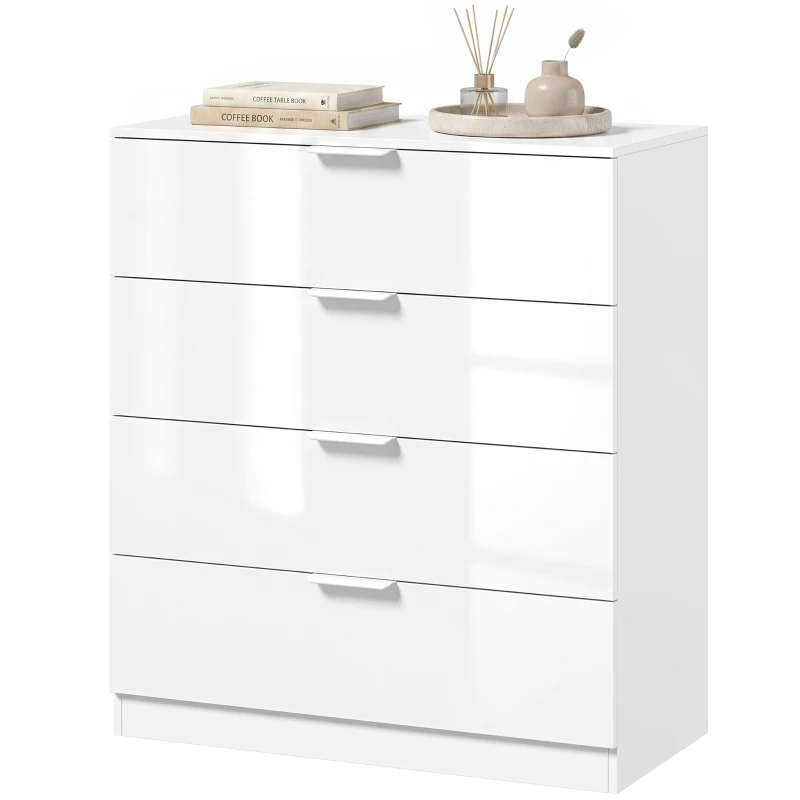 HOMCOM Cassettiera 4 Cassetti Moderna con Guide Scorrevoli, 70x34x79 cm, Bianco Lucido