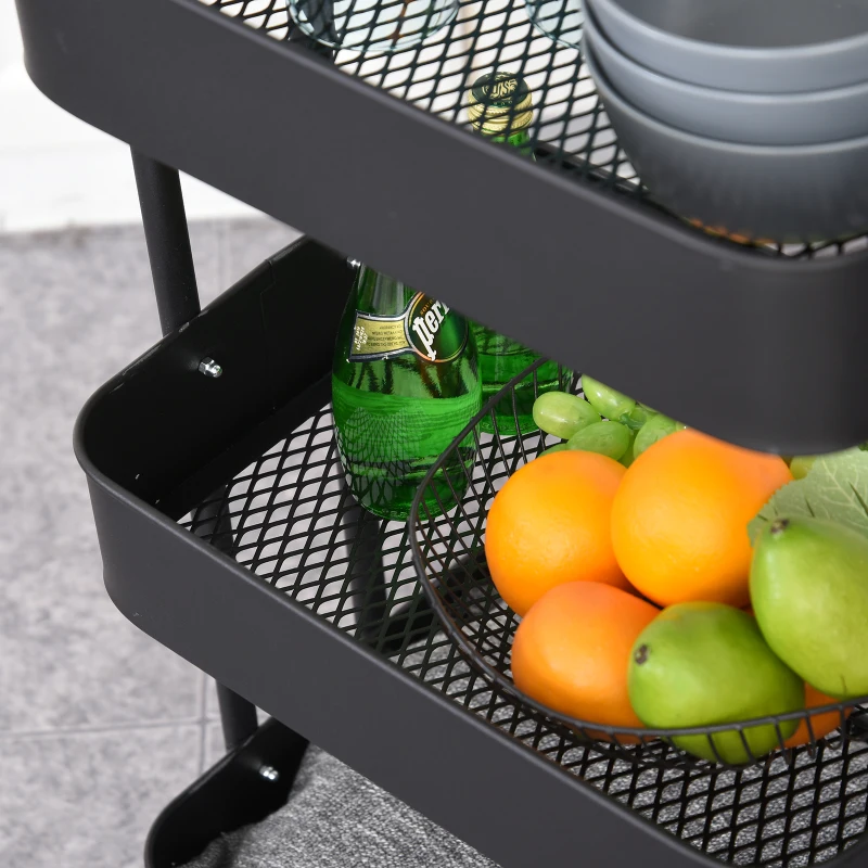 HOMCOM Metal 4-Tier Mobile Storage Serving Trolly Rolling Utility Cart Organiser Kitchen Mesh Bottom Black