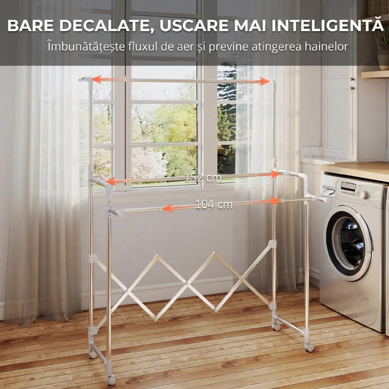 HOMCOM Uscător de Rufe Pliabil cu 3 Bare Reglabile, Roți Rotative și Cadru din Oțel Inoxidabil, Argintiu