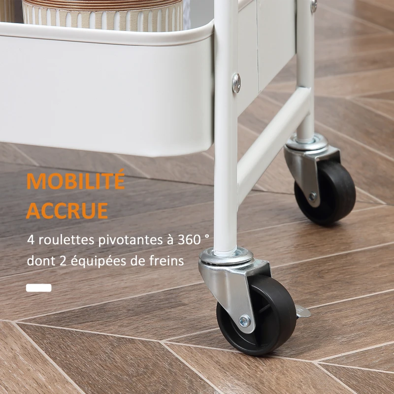 HOMCOM Desserte chariot de rangement en acier à roulettes avec 3 niveaux, plateau MDF, poignées dim. 45L x 31l x 79,4H cm