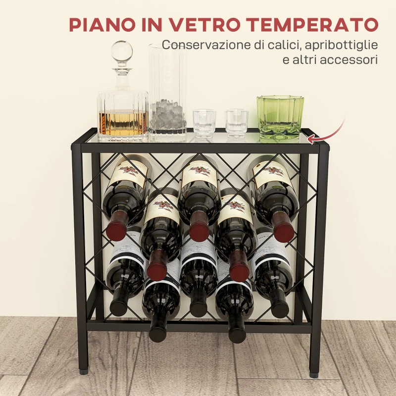 HOMCOM Portabottiglie Vini per 10 Bottiglie in Acciaio Nero con Piano d'Appoggio in Vetro Temperato, 41x22x41 cm