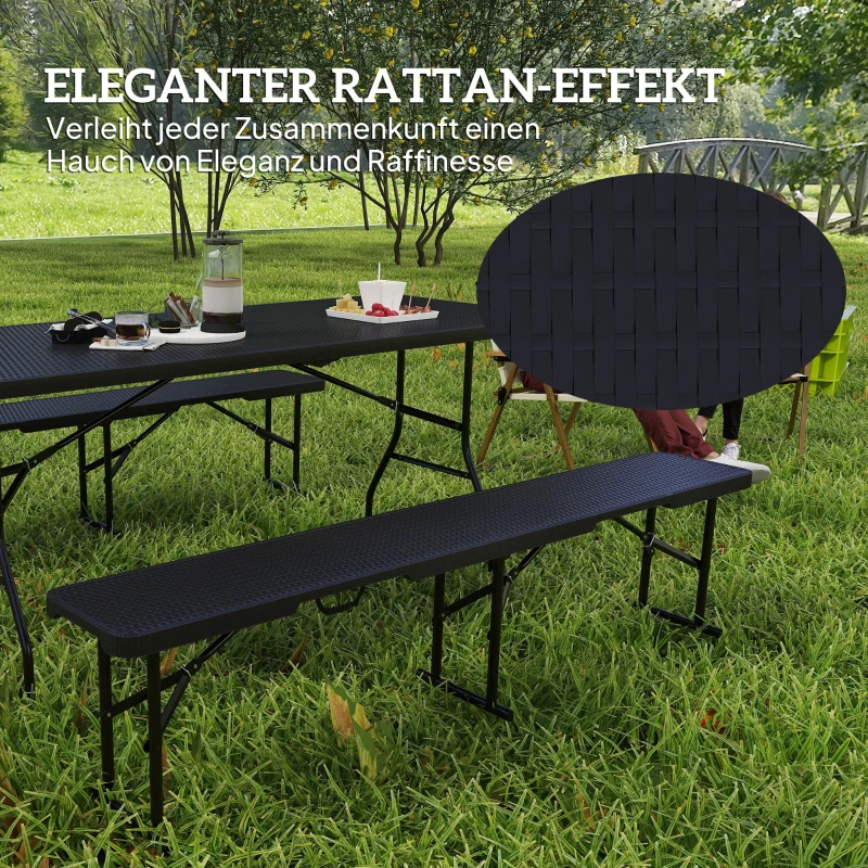 Outsunny Picknicktafel en Banken, 3-Delige Set, Opvouwbaar, Kunststof, Metaal, Zwart