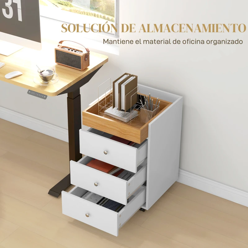 HOMCOM Cajonera de Oficina con 4 Ruedas 3 Cajones y 1 Bandeja Extraíble Carga 30 kg 43x40x66,5 cm Blanco y Natural