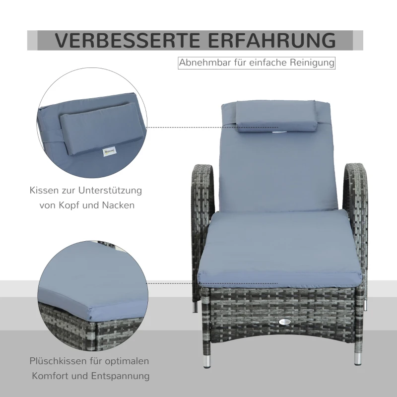 Outsunny Gartenliege mit Auflage, verstellbare Rückenlehne, Metallgestell, Polyrattan, grau, 200 x 73 x 103 cm