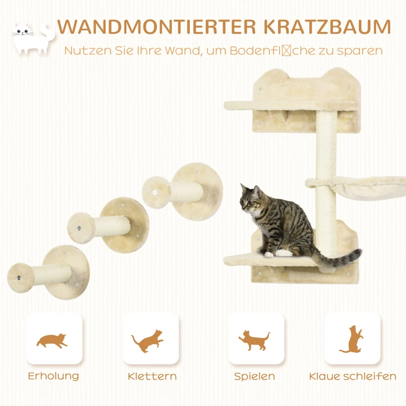 PawHut klimtrappen, klimmuur, kattentrap, 4 stuks Set, met krabpaal, hangmat, beige+roomwit, 40 x 28 x 73 cm
