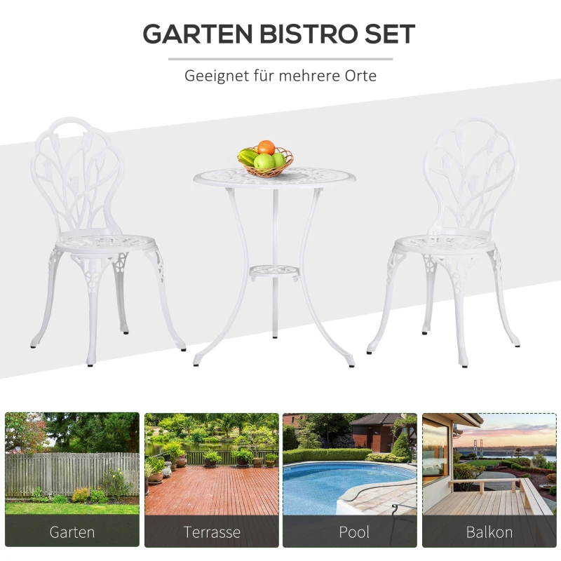 Outsunny zitgroep 3-delige eetgroep tuinmeubelset 1 tafel + 2 stoelen aluminium wit