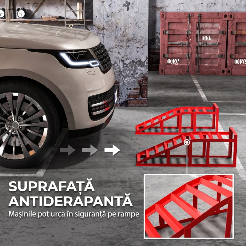 HOMCOM Set 2 rampe auto din oțel, antiderapante, pentru întreținere și reparații vehicule, roșu