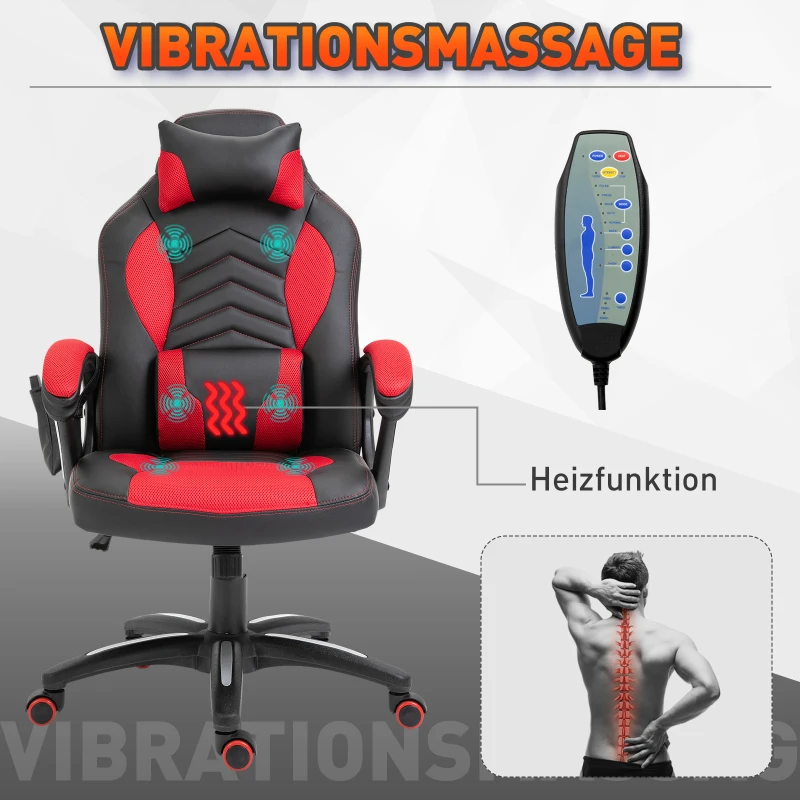 HOMCOM Bureaustoel Massagestoel met 6 Vibratiepunten Ergonomische Gamingstoel met Verwarmingsfunctie Kunstleer Rood 68 x 69 x 108-117cm