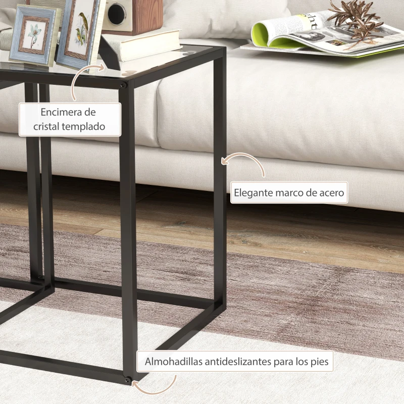 HOMCOM Juego de Mesas de Centro Apilables con Encimera de Vidrio Templado y Marco de Acero 33x33x45,5 cm y 42x42x51 cm Negro