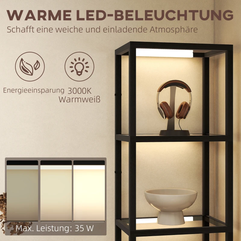 HOMCOM LED-vloerlamp met 4-laags rek, verlicht rek met 4 glazen vakken, voetschakelaar, MDF, zwart(m-6)
