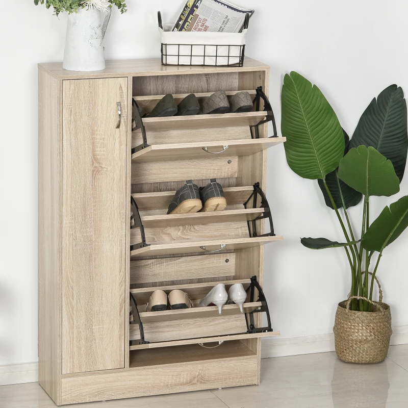 HOMCOM Zapatero Estrecho, Mueble Zapatero con 3 Puertas Abatibles, Armario Alto, Estante Ajustable, para de 6-12 Pares de Zapatos, 79x26x120 cm, Madera