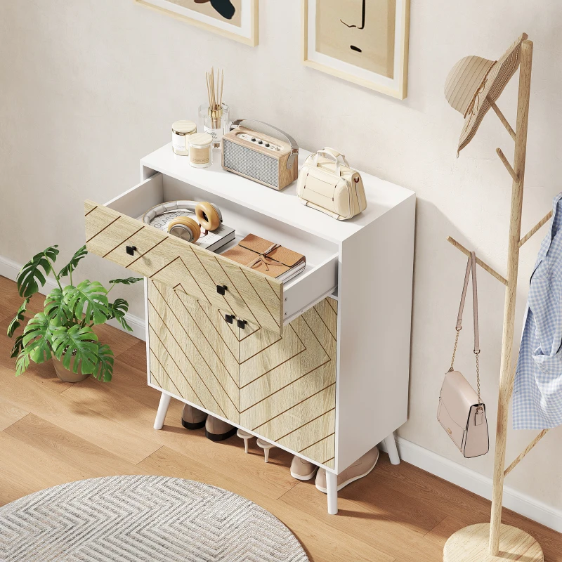 HOMCOM Zapatero Entrada Recibidor con 2 Puertas Estantes Ajustables Cajón para 12 Pares de Zapatos 75x35x97 cm Blanco y Natural