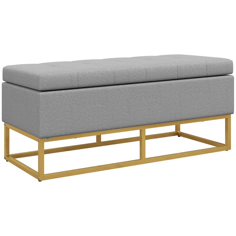 HOMCOM Banc banquette coffre de rangement 2 en 1 assise capitonnée et pieds acier 110 x 44 x 48 cm gris et doré