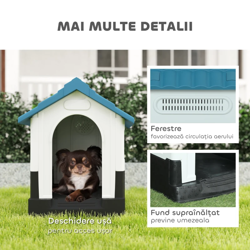 PawHut Cușcă pentru Câini de Exterior din Plastic, Căsuță pentru Câini Mici cu Ferestre, Acoperiș Înclinat și Bază Ridicată, 64,5 x 57 x 66 cm, Albastru