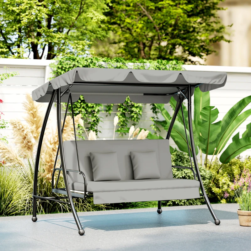 Outsunny Hollywood schommel tuinschommel schommelbank met ligfunctie, 3 zits, metaal + polyester, grijs, 209 x 114 x 170 cm | Aosom