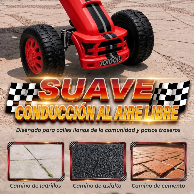 AIYAPLAY Go Kart para Niños de +3 Años con Asiento Ajustable Volante Freno Manual Marco de Aluminio y Acero Carga 30 kg Rojo
