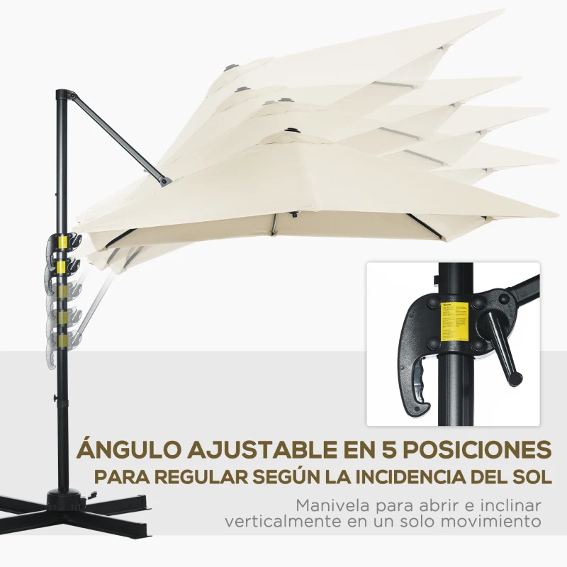Outsunny Sombrilla de Jardín de Aluminio Parasol Excéntrico con Manivela y Poste Giratorio e Inclinable 245x245x245 cm Crema