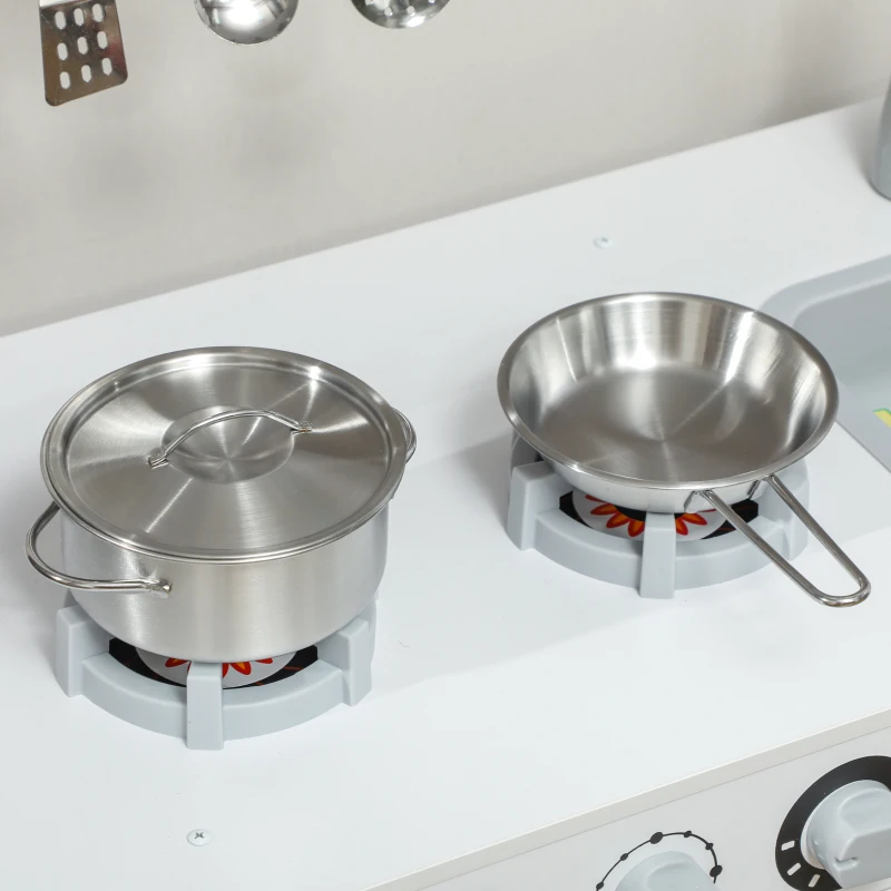 AIYAPLAY Cozinha de Madeira para Crianças com Fogão Lavatório Micro-Ondas Relógio Máquina de Gelo e Acessórios 100,5x41x110 cm Brancp