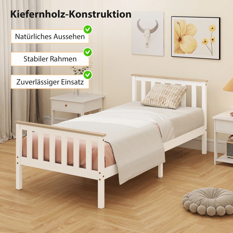 HOMCOM Eenpersoons-bedframe, houten bedframe, opbergruimte onder, natuurhout, wit