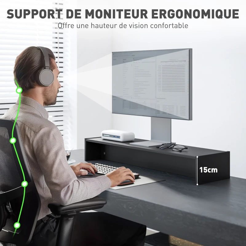 HOMCOM Rehausseur écran PC bureau support d'écran d'ordinateur de 100 cm support moniteur avec deux compartiments, noir