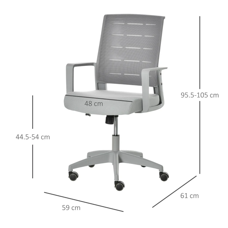 Vinsetto Sedia da Ufficio Ergonomica Girevole con Altezza Regolabile, Ruote e Braccioli, 59x61x95.5-105cm Grigio