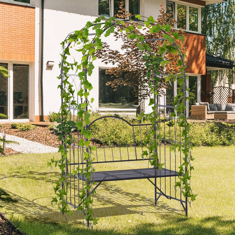 Outsunny Arche à rosiers Banc de Jardin 2 Places 2 en 1 dim. 115L x 59l x 203H cm métal époxy Noir