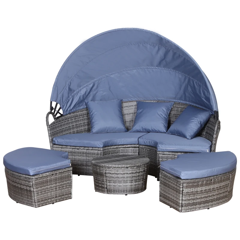 Outsunny Outdoor PE Rattan Garden Furniture with Cushioned, Patio Wicker Conversation Furniture Set, Round Daybed with Retractable Canopy, Coffee Table and Three Pillows, Grey/Blue Grey