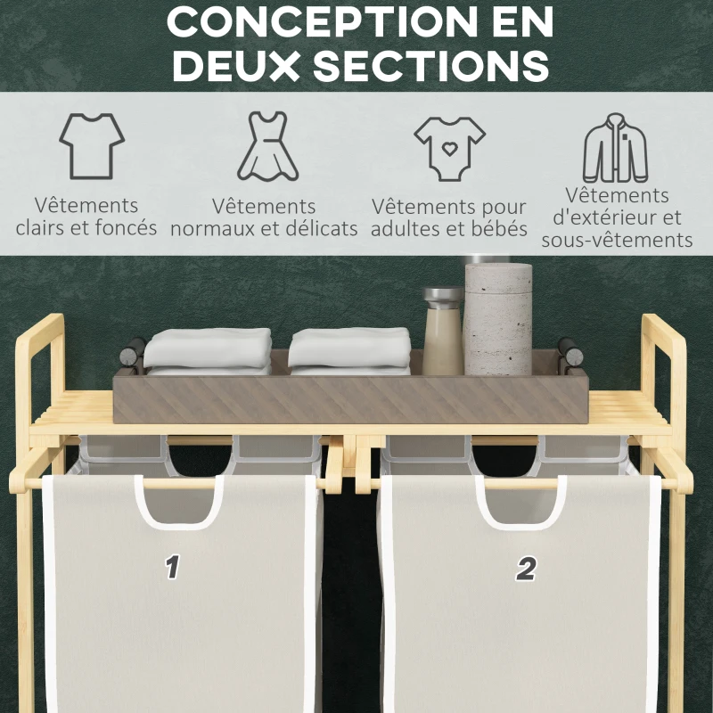 HOMCOM Panier à linge en bambou 2 paniers amovibles et coulissants en non-tissé 63,5 x 33 x 73 cm crème