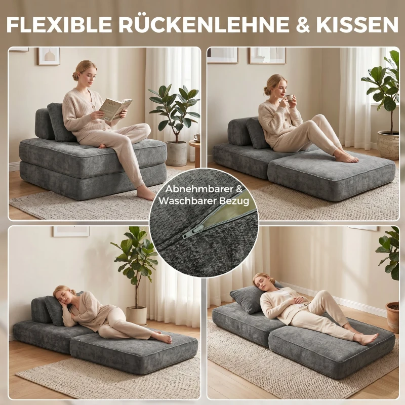 HOMCOM 2-in-1 Boneless Cloud vloersstoel, opvouwbare chenillebank met dik ondersteunend kussen, Grijs