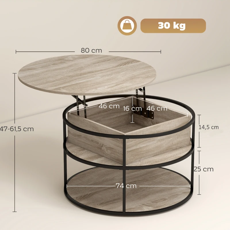 HOMCOM Ronde salontafel met opklapbaar tafelblad, opbergruimte, zijplanken en stalen frame, eiken