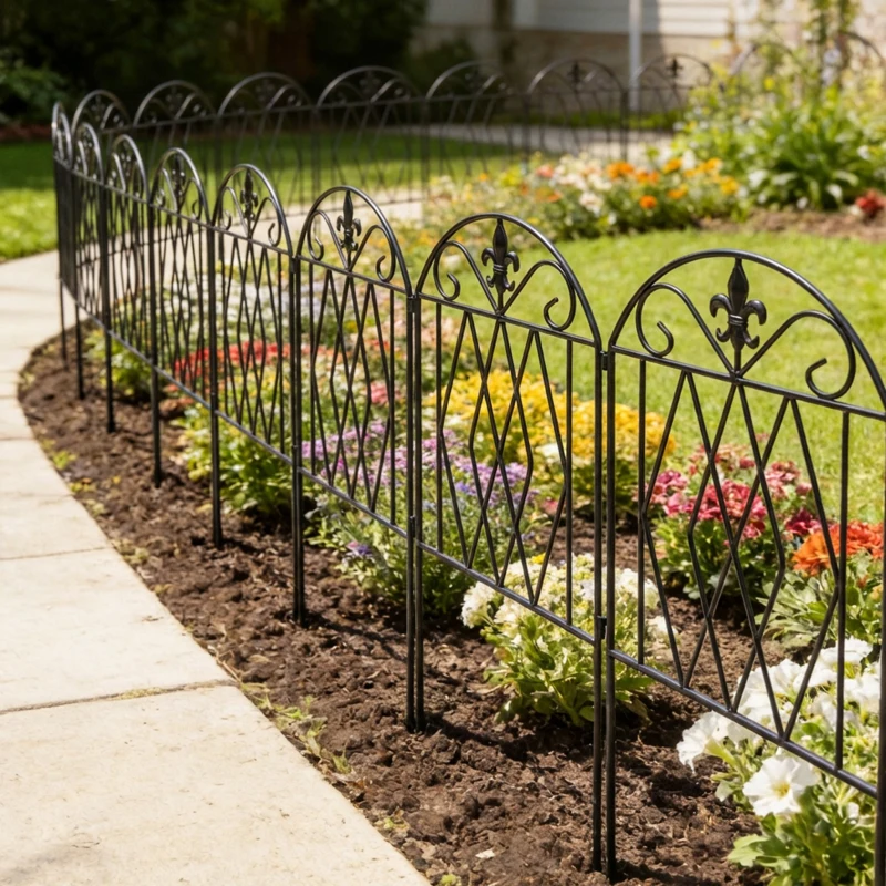 Outsunny Set de 4 Vallas de Jardín Metálicas 125x56 cm con Diseño Arqueado Resistente Fácil de Instalar para Patio Césped Negro