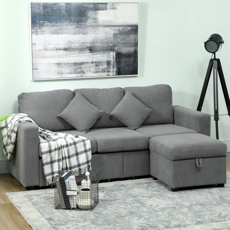 HOMCOM Divano 3 Posti Modulare con Pouf Contenitore in Velluto a Coste, 196x139x85 cm, Grigio Chiaro