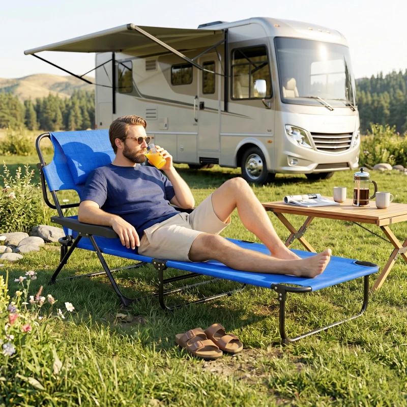 Outsunny Tuinligstoel Zonneligstoelen Relaxligstoel, Opvouwbaar, Weerbestendig, 194 cm x 72 cm x 31 cm, Zwart + Donkerblauw