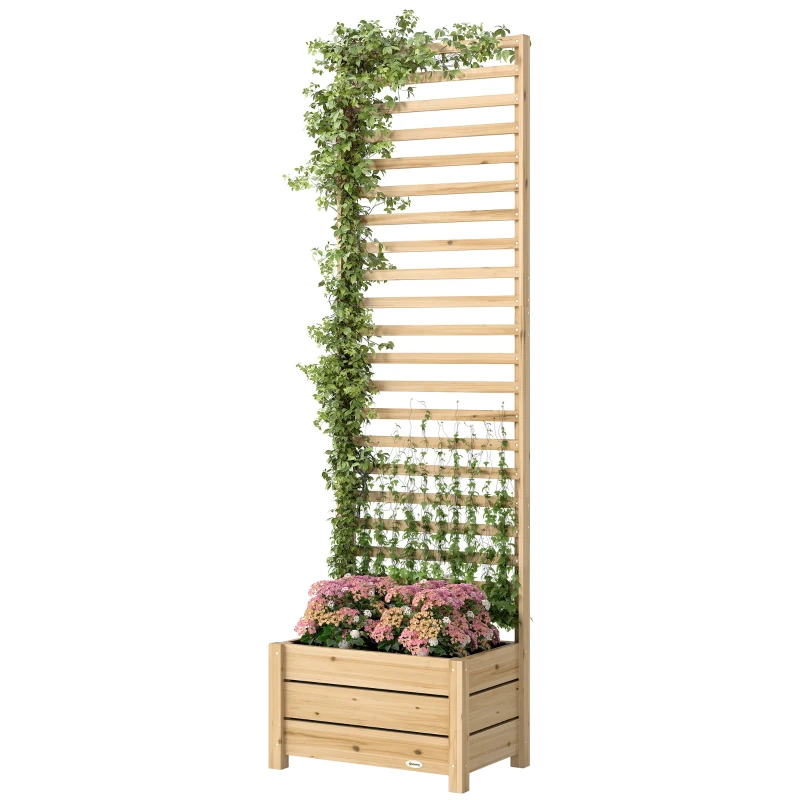 Outsunny Verhoogde plantenbak met spalier hout plantenbak met spalier afvoergat vliesvoering 60 x 39 x 200 cm natuurhout