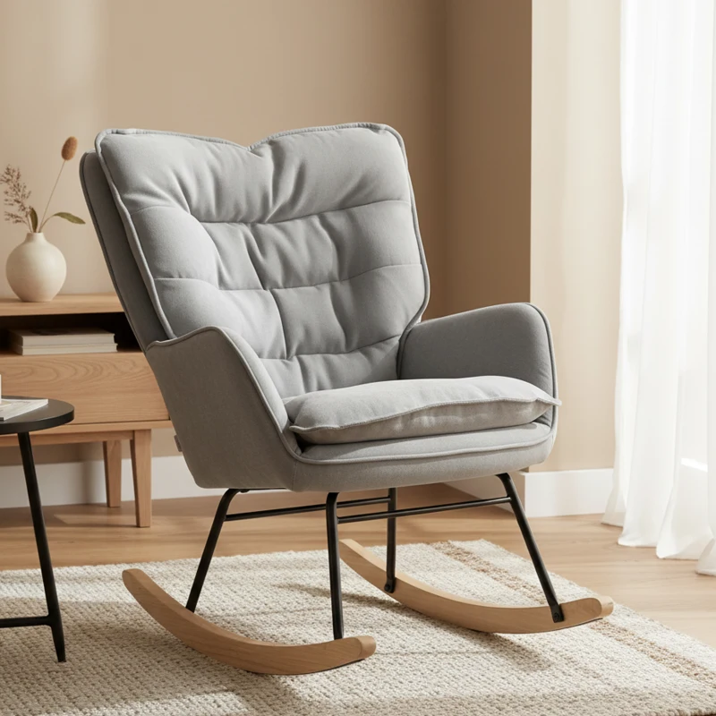 HOMCOM Poltrona Baloiço Estofada em Chenilla com Pés de Madeira de Faia e Apoio para os Braços para Lactância  71x98,5x97 cm Cinzento claro