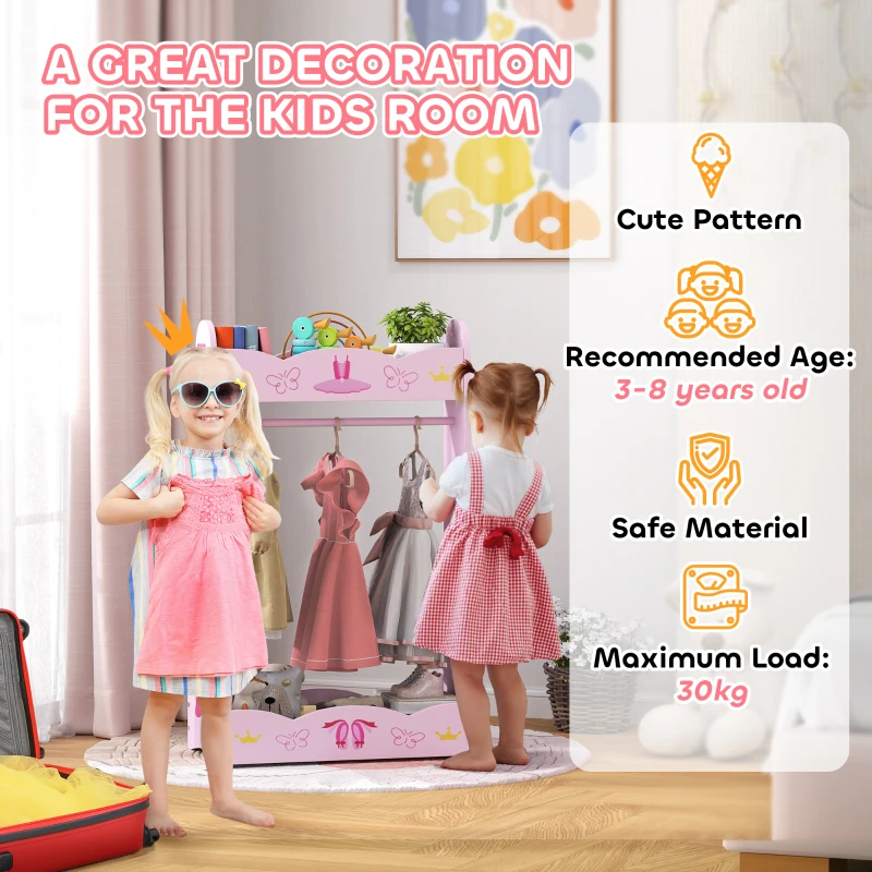 AIYAPLAY Kids Clothes Rail with Two Shelves, for 3-8 Years, Pink