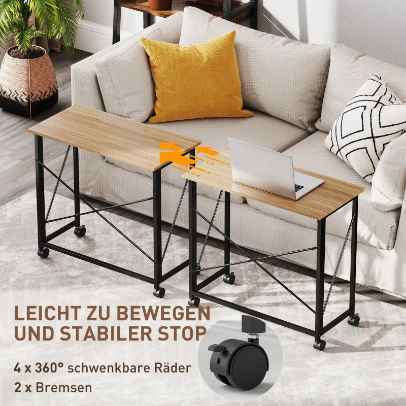 HOMCOM Klappbarer Schreibtisch mit Rädern, platzsparend, Stahl, MDF, Eiche