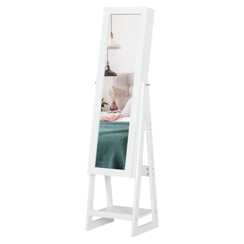 HOMCOM Jewellery Cabinet, Standing Mirror with LED Lights, Full-Length Mirror with Storage Drawers, Hooks and Shelves, Make-Up Armoire, Jewellery Organiser for Bedroom, White