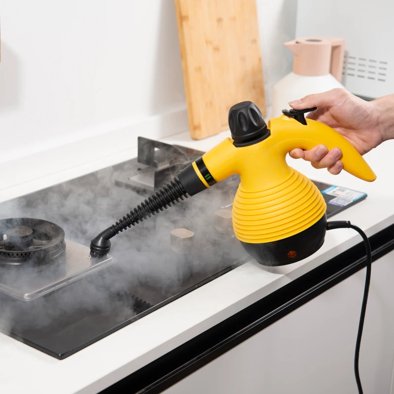 HOMCOM Pistola a Vapore Multiuso con 9 Accessori, Potenza 900-1050W e Serbatoio 350ml, 30x15x21cm, Giallo