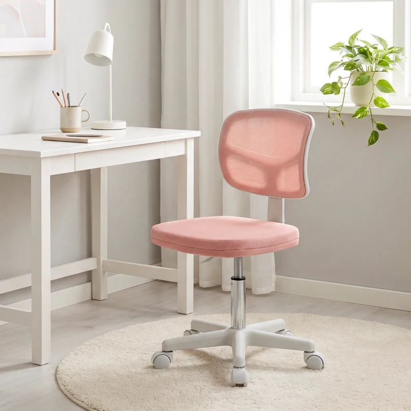 Vinsetto Chaise de Bureau Ergonomique Sans Accoudoirs, Fauteuil de Bureau Pivotant, Dossier Courbé en Maille et Roulettes, Rose