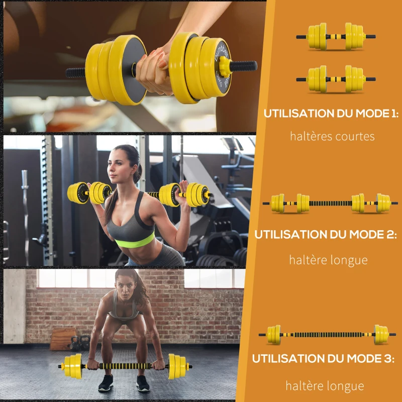 HOMCOM Ensemble d'haltères courtes ou longues 20 Kg - barre d'extension incluse - musculation réglable - entraînement musculaire & haltérophilie