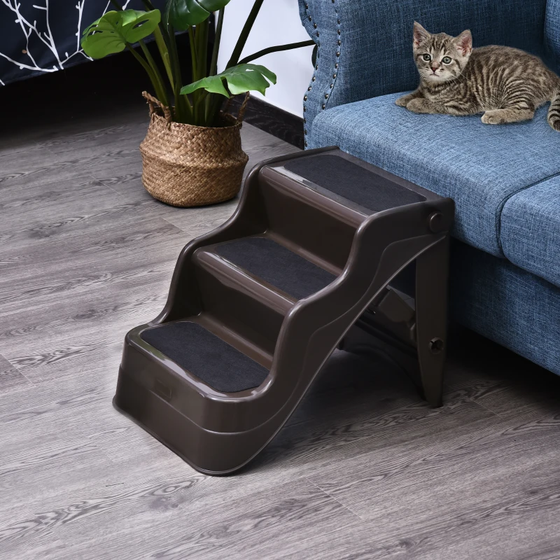 PawHut Scaletta Pieghevole per Cani e Gatti 3 Gradini Plastica PP 49 × 39 × 39cm Marrone