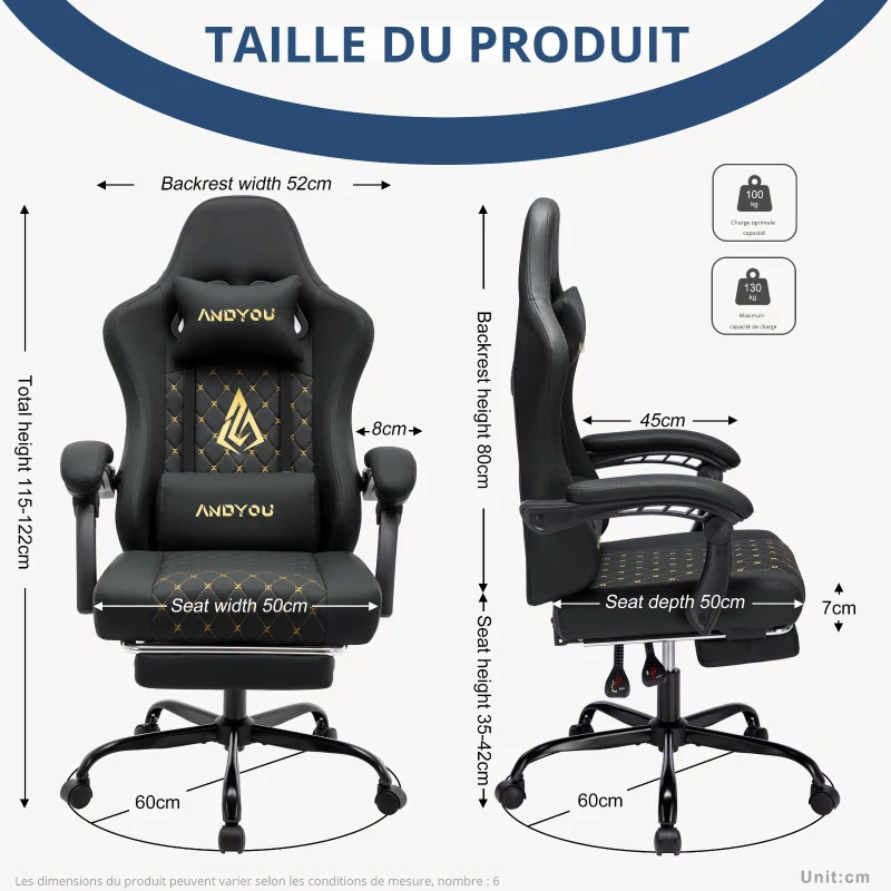 Fauteuil gamer avec repose-pieds, coussin doux pour la nuque et les lombaires, coussin de soutien amovible, 60x60x122 cm, Noir