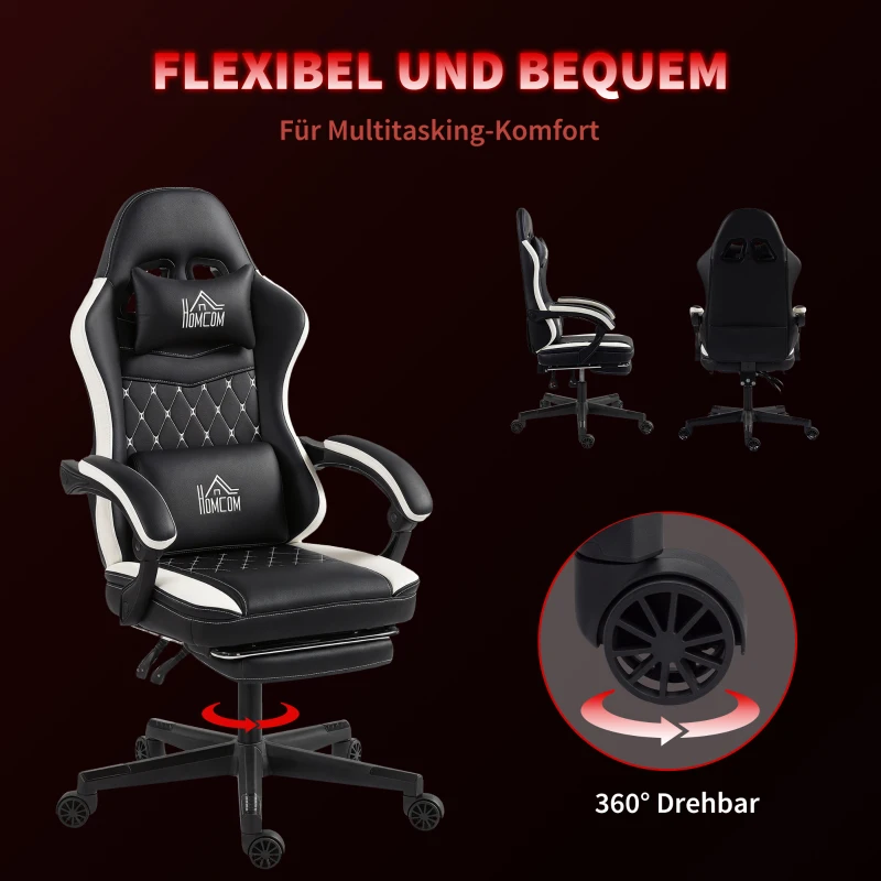 HOMCOM Gaming-Stoel met Voetensteun, Computerstoel met Hoofdkussen & Kussen, Kunstleer Bekleding, Draaibaar, Hoogte Verstelbaar, Metaal, Kunststof, Zwart+Wit
