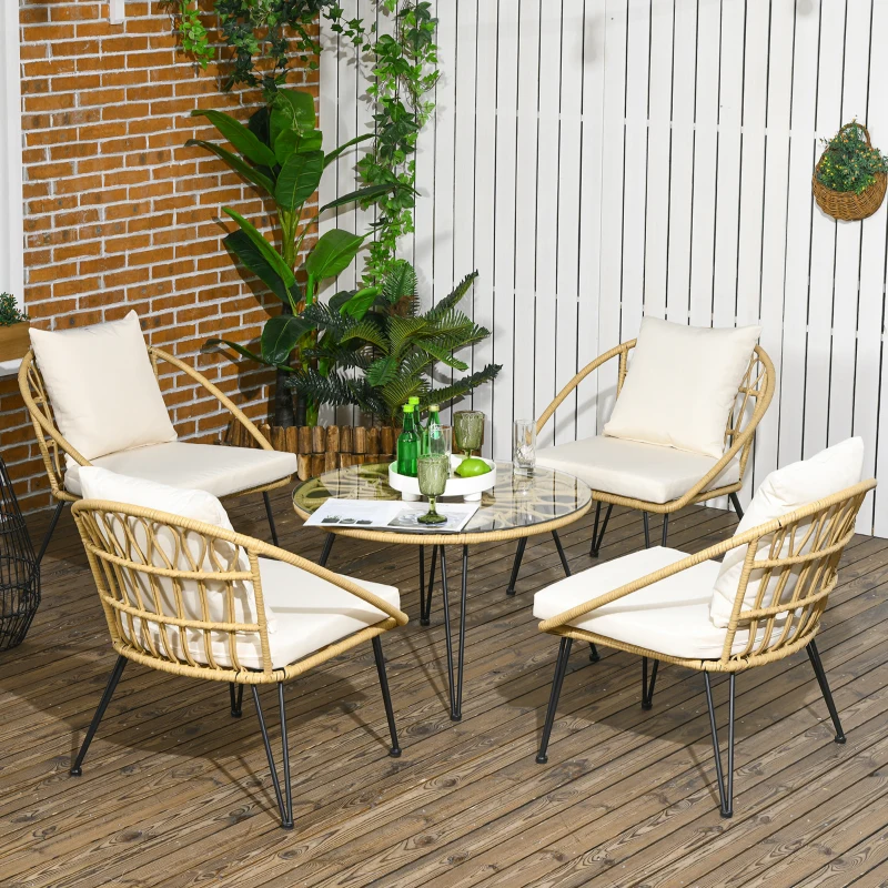 Outsunny Gartensitzgrupp 5-teilige Gartensitzgruppe Gartemöbel-Set, Boho-Stil, 82 cm x 82 cm x 50 cm,  Cremeweiß + Natur