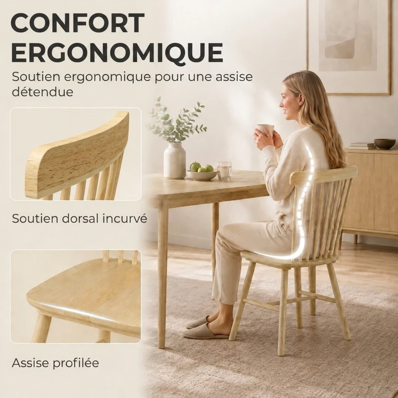 HOMCOM Lot de 2 Chaises de Salle à Manger, Chaises Cuisine en Bois d'Hévéa, Dossier Incurvé, Bords Arrondis, Bois Naturel