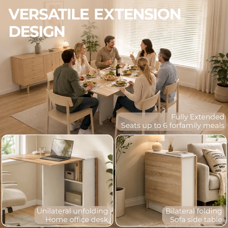 HOMCOM Folding Dining Table, Drop Leaf Table with 2-Tier Shelves, Rolling Casters, White and Natural